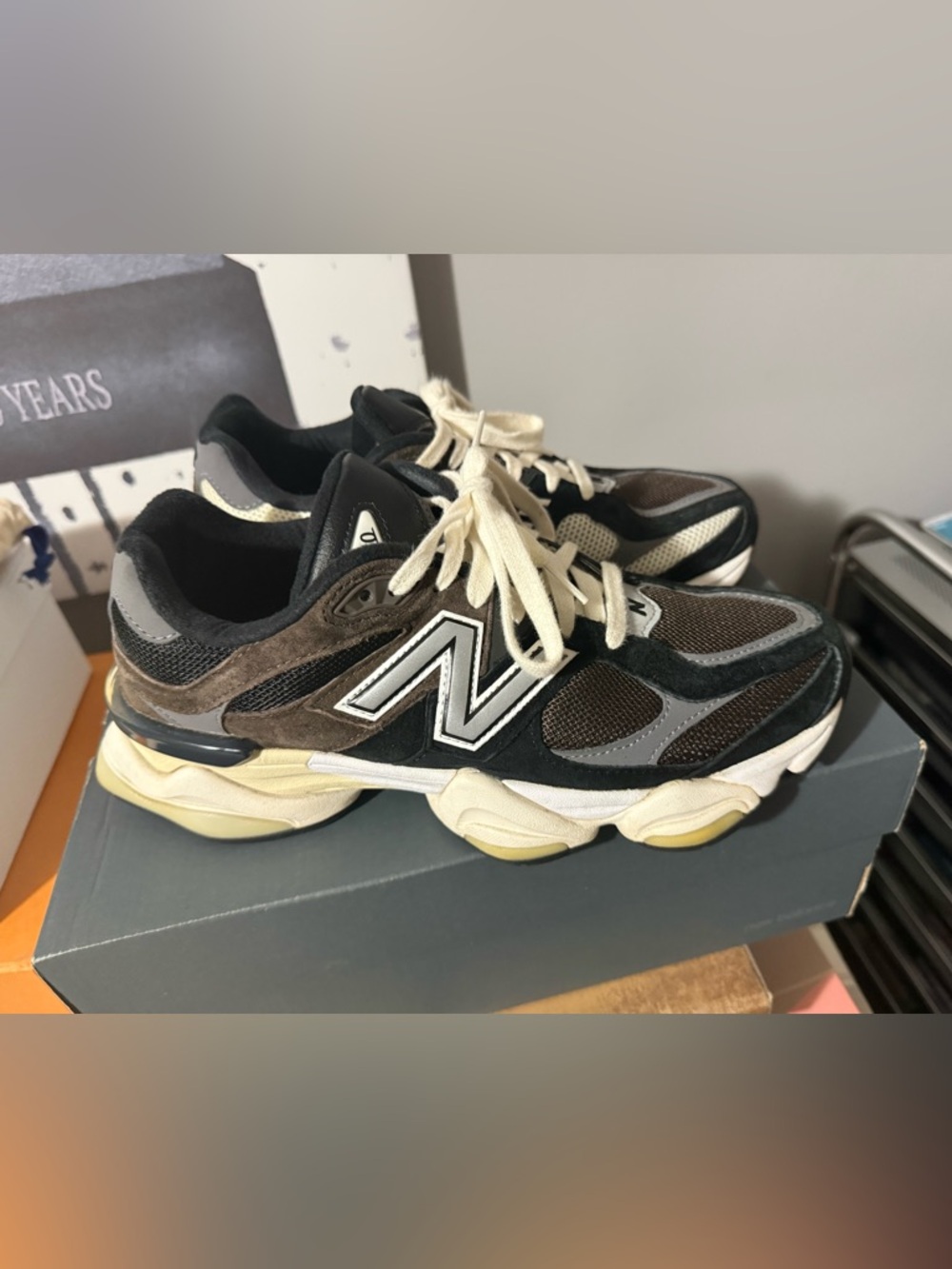 New Balance Mixed-Material Runner Sneakers in Black, Brown and Cream